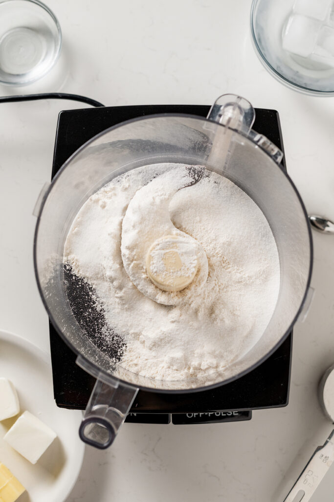 Overhead shot of step one in making the pie dough for Banana Cream Pie.