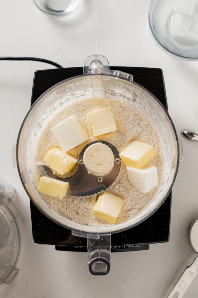 Overhead shot of step two in making the pie dough for Banana Cream Pie.