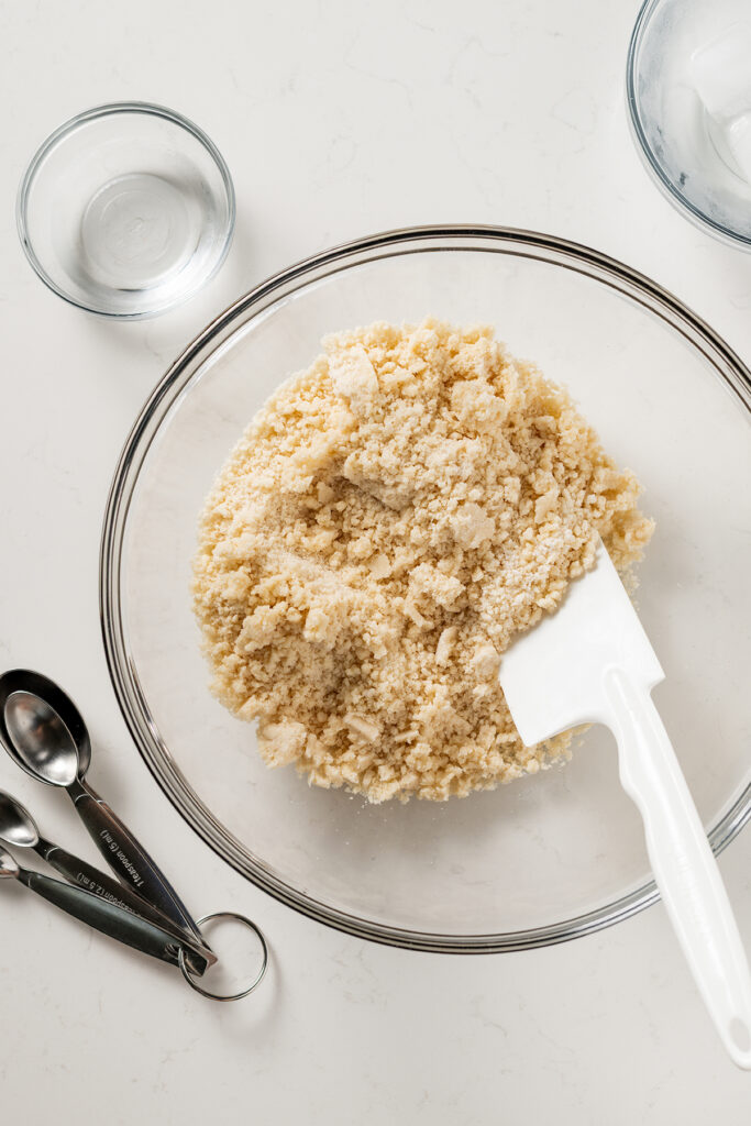 Overhead shot of step five in making the pie dough for Banana Cream Pie.