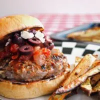 Turkey Burgers with Tomato Jam Olives and Feta with Oven Fries with Coriander Seeds