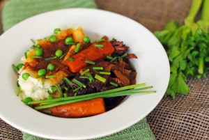 Classic Pot Roast with Garlic-Thyme Gravy and Mashed Potatoes and Peas
