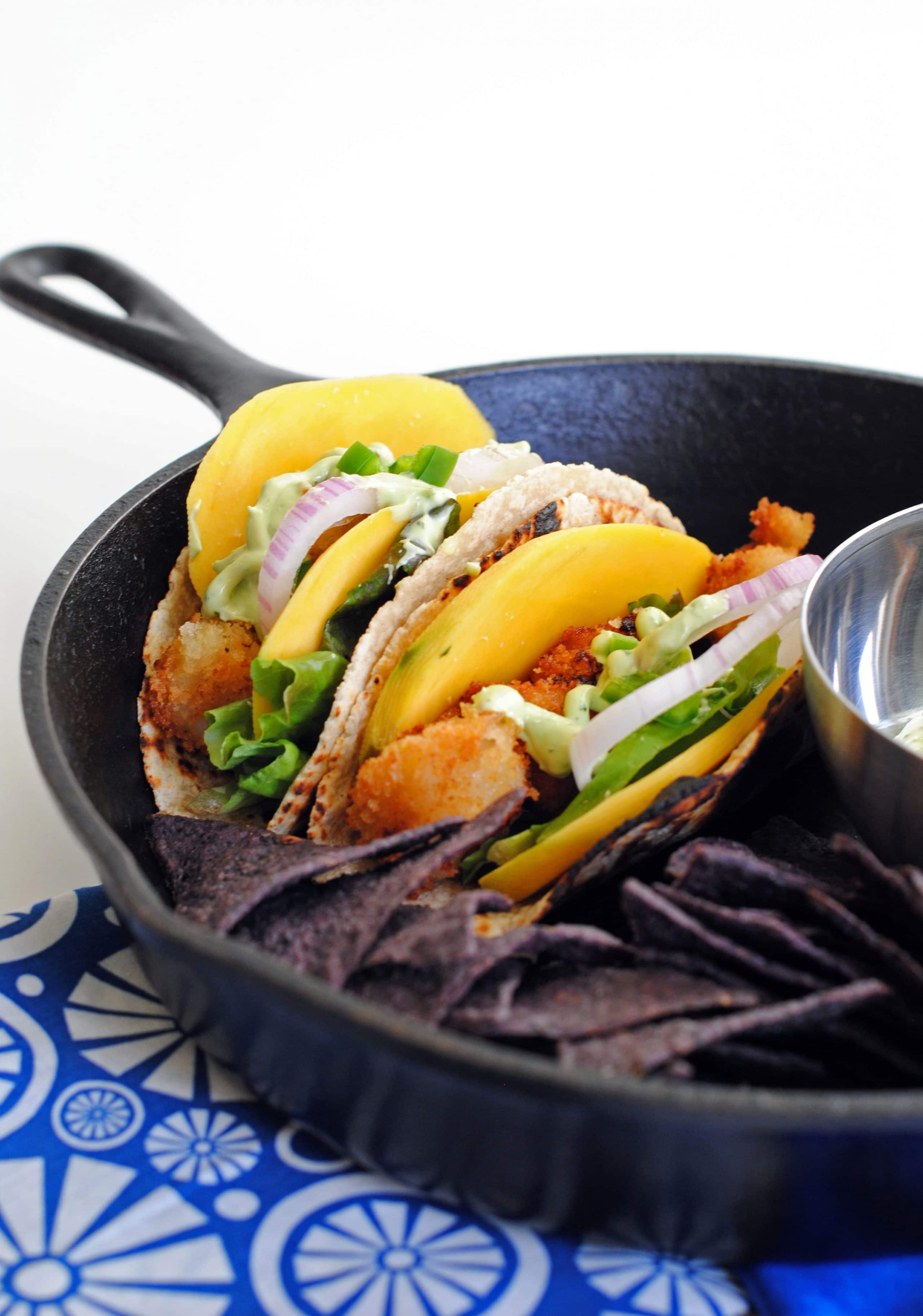 Popcorn Scallop Tacos with CilantroAvocado Crema The Cake Chica