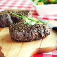 Pepper-Crusted Filet Mignon with Blue Cheese-Chive Butter