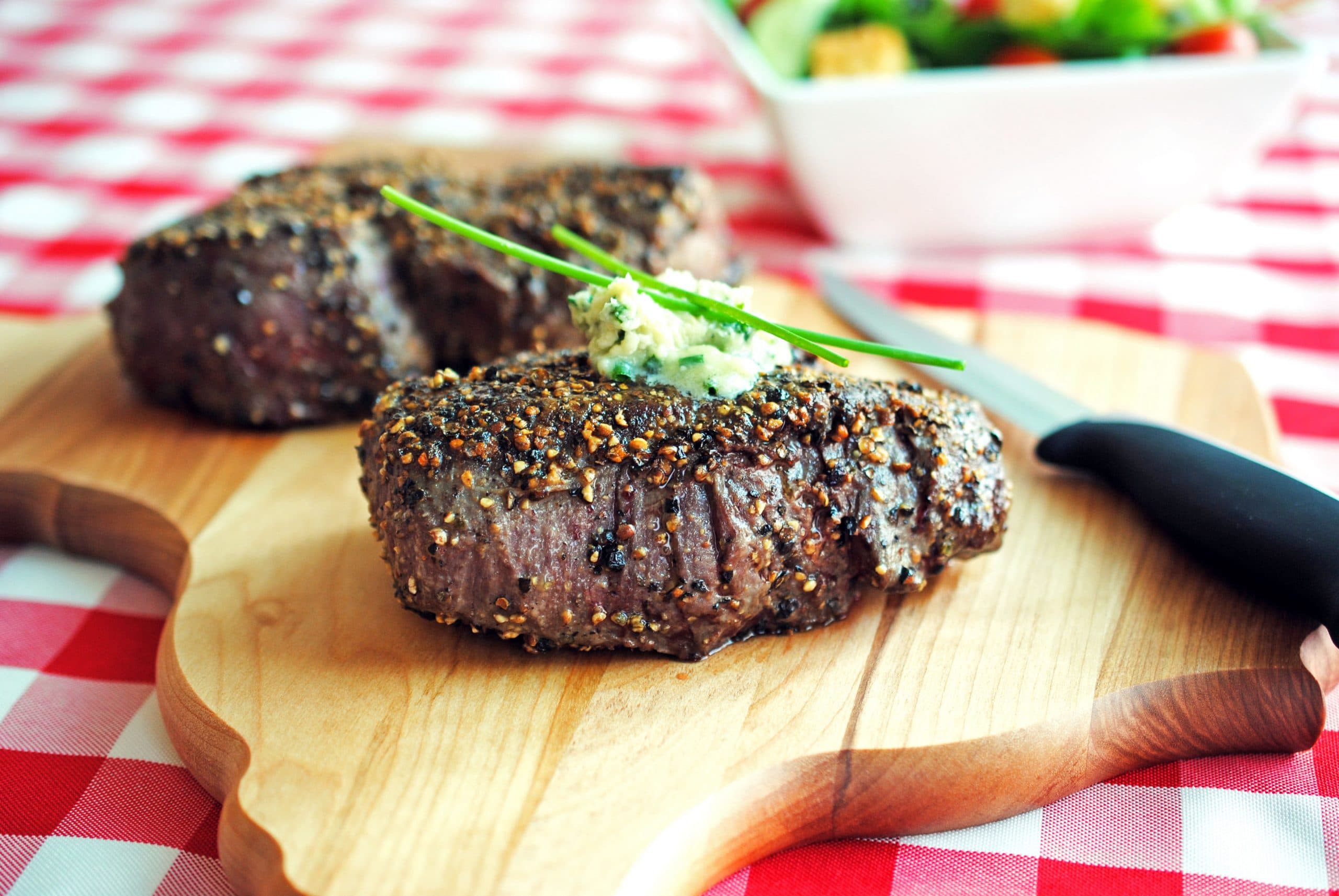 Pepper-Crusted Filet Mignon with Blue Cheese-Chive Butter