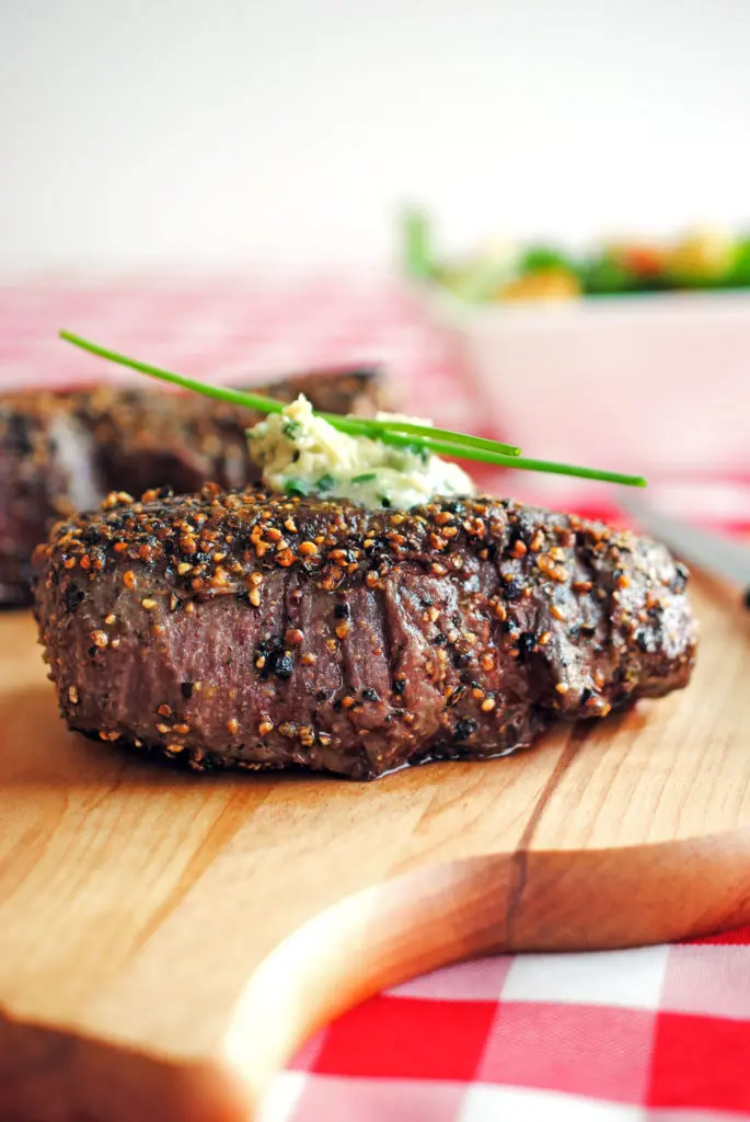 Pepper-Crusted Filet Mignon with Blue Cheese-Chive Butter