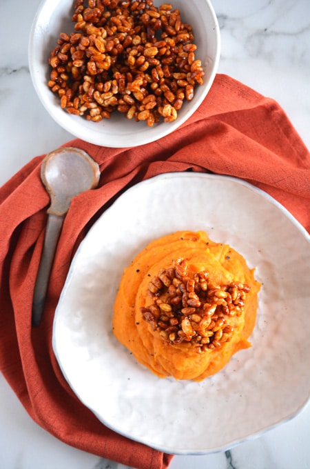 Sweet Potatoes with Crispy Rice Topping