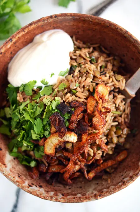 Rice and Lentils with Crispy Onions