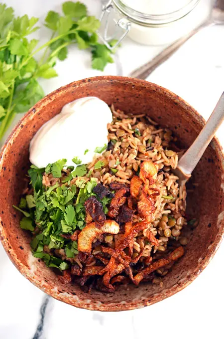 Rice and Lentils with Crispy Onions