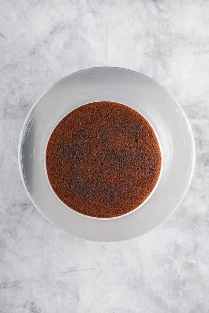 Overhead shot of Black Forest Cake layer with soaking syrup on top.