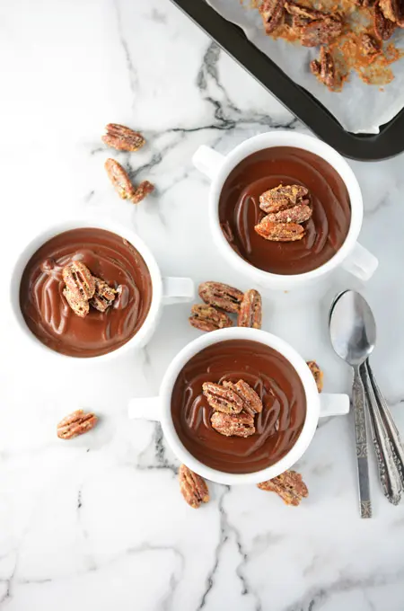 Warm Cocoa Pudding with Candied Pecans