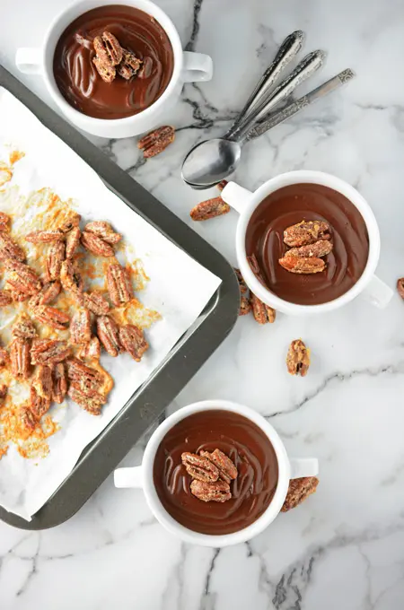 Warm Cocoa Pudding with Candied Pecans