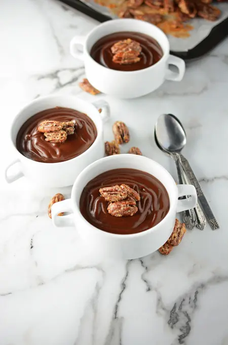 Warm Cocoa Pudding with Candied Pecans