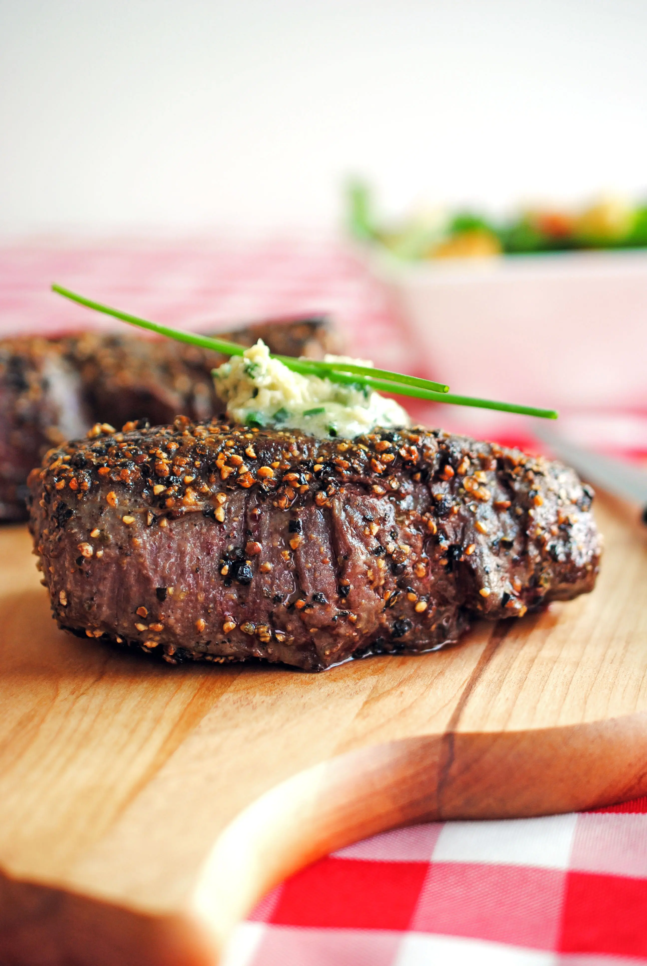 Pepper Crusted Filet Mignon with Blue Cheese Chive Butter