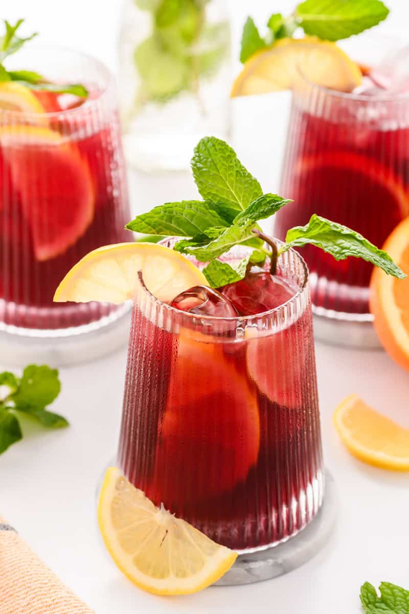 Angled shot of 3 glasses with Simple Sangria.