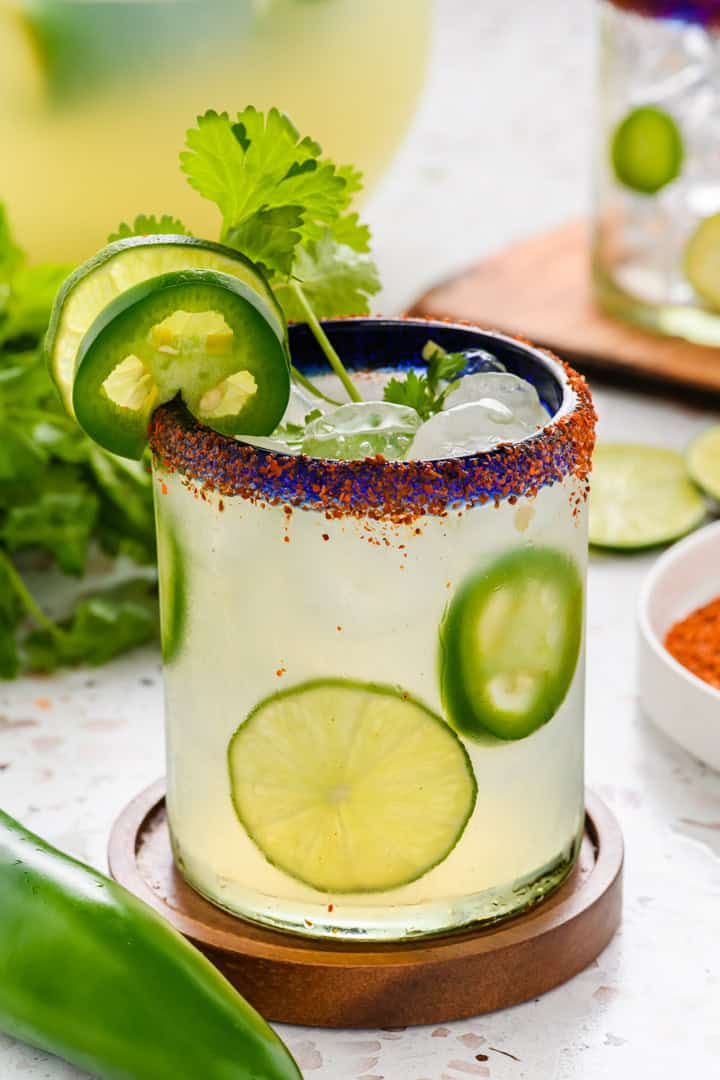 Macro shot of a glass of Jalapeño Margaritas.