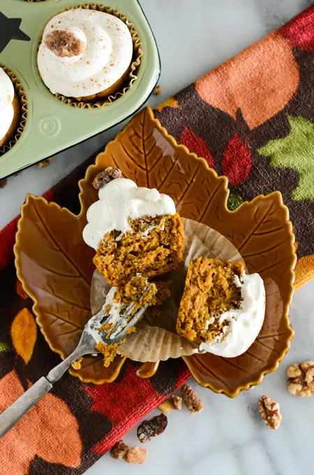 Pumpkin Cupcakes with Fluffy Maple Cream Cheese Frosting