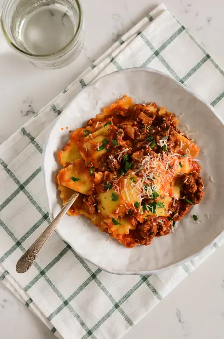 Porcini Ravioli with Meat Sauce