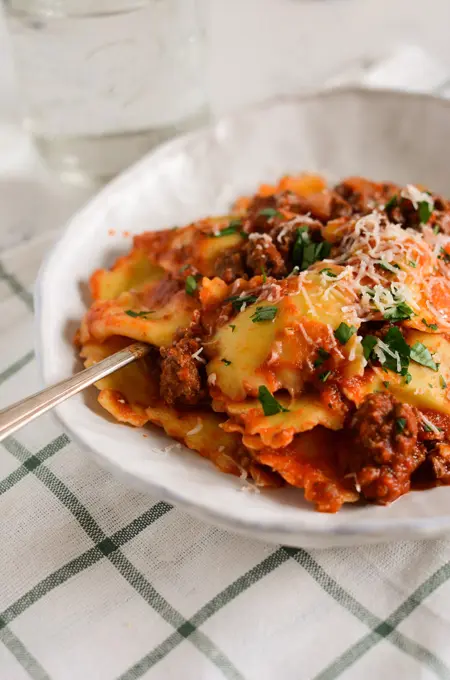 Porcini Ravioli with Meat Sauce