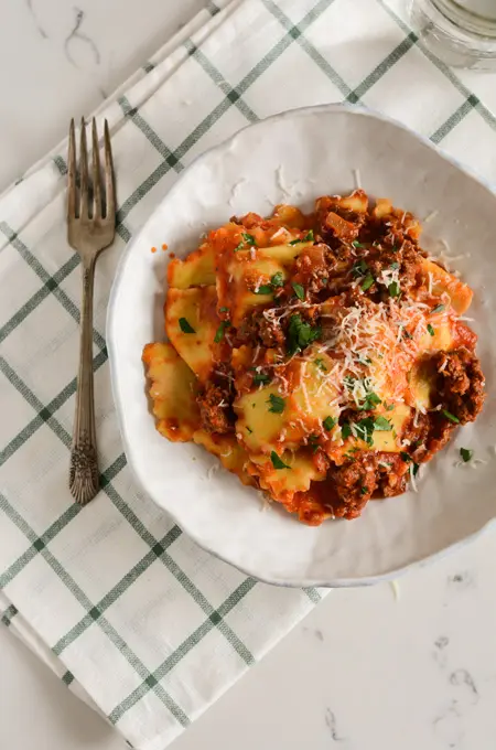 Porcini Ravioli with Meat Sauce