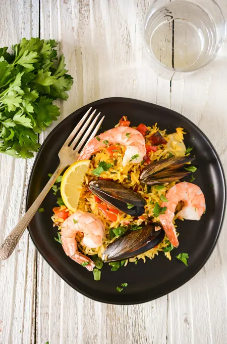 Oven Roasted Mussels and Shrimp Paella