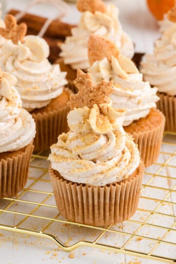 Pumpkin Pie Cupcakes on gold cooling rack cover image.