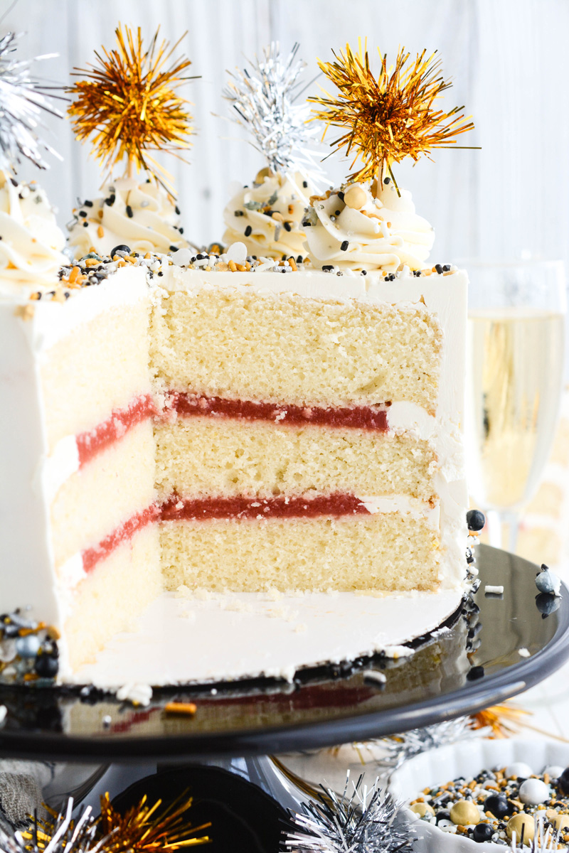 Close up of Champagne Cake with Strawberry Filling cake layers.