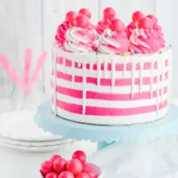Bubble Gum Layer Cake close up on cake pedestal.