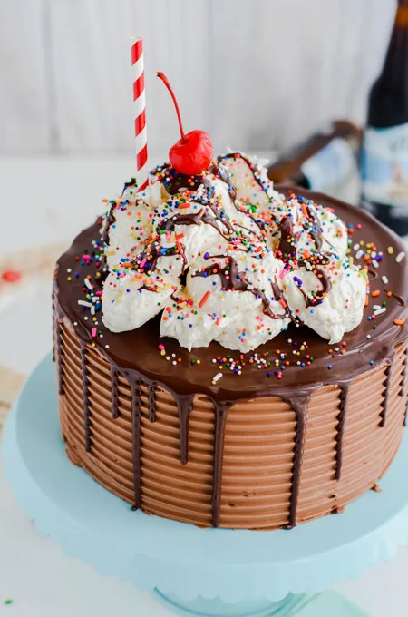 Chocolate Root Beer Float Cake three quarter angle close up of top cake decoration.