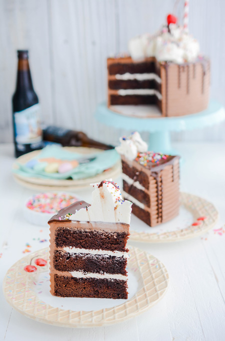 Chocolate Root Beer Float Cake cake slices on plates.