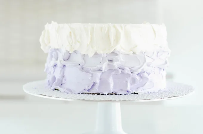 Lavender Lemon Layer Cake with ombre buttercream applied to chilled cake. 