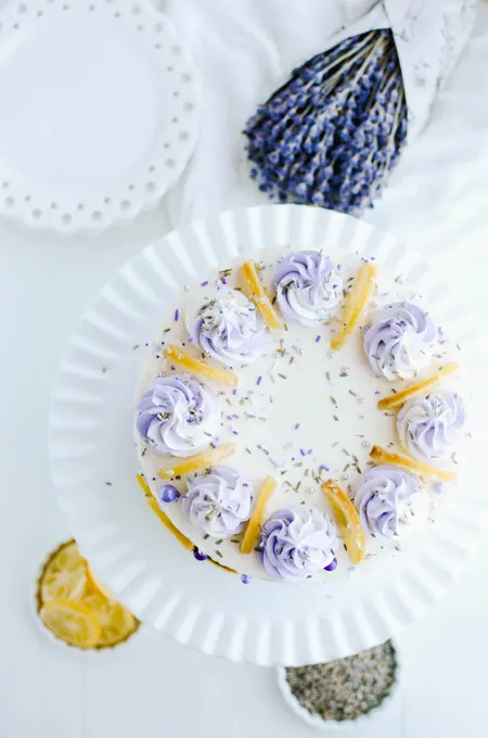 Lemon Lavender Layer Cake overhead shot on cake pedestal.