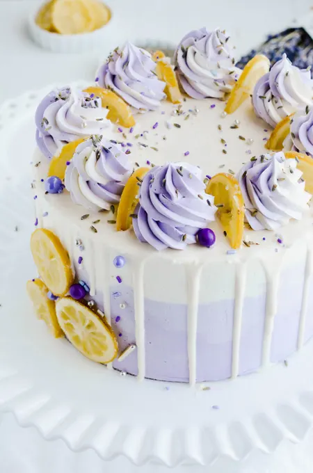 Lavender Lemon Layer Cake three quarter angle close up shot of the top of the cake.