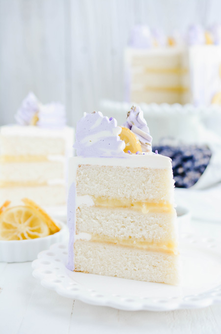 Lavender Lemon Layer Cake wide open shot of cake slice.