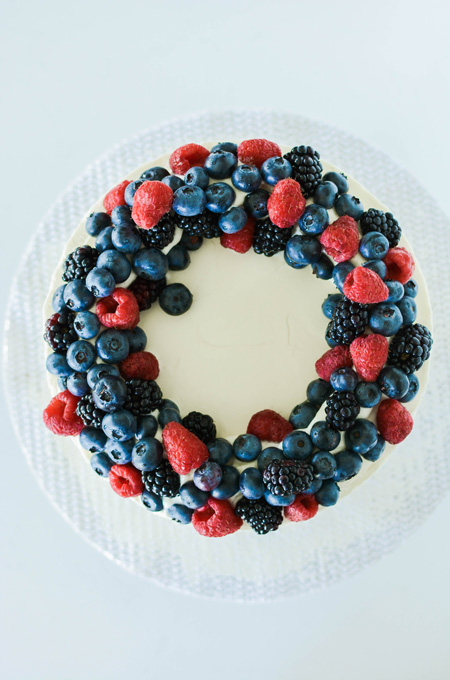 Mixed Berries and Cream Cake overhead shot with berries.