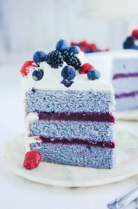 Mixed Berries and Cream Cake close up shot of cake slice.