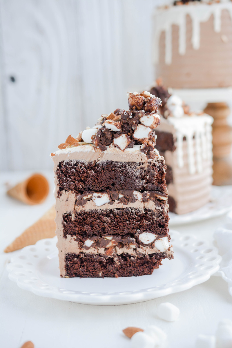 Rocky Road Layer Cake shot of cakes slice on a plate.
