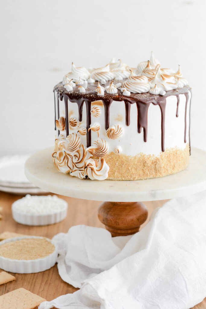 S'mores Layer Cake on cake pedestal.