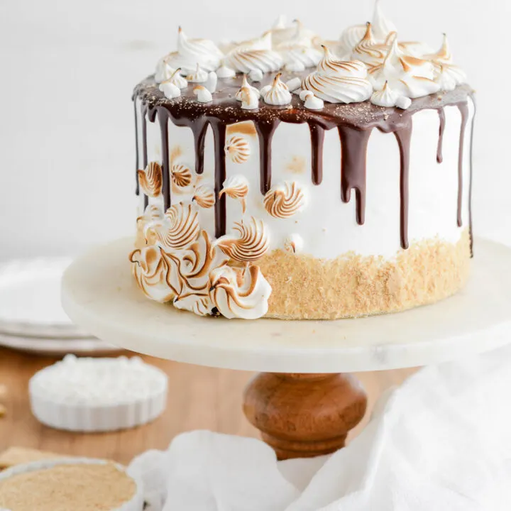 S'mores Layer Cake on cake pedestal.