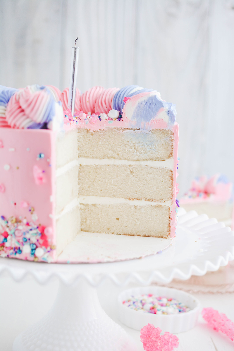 Vanilla Birthday Cake close up of cake layers.