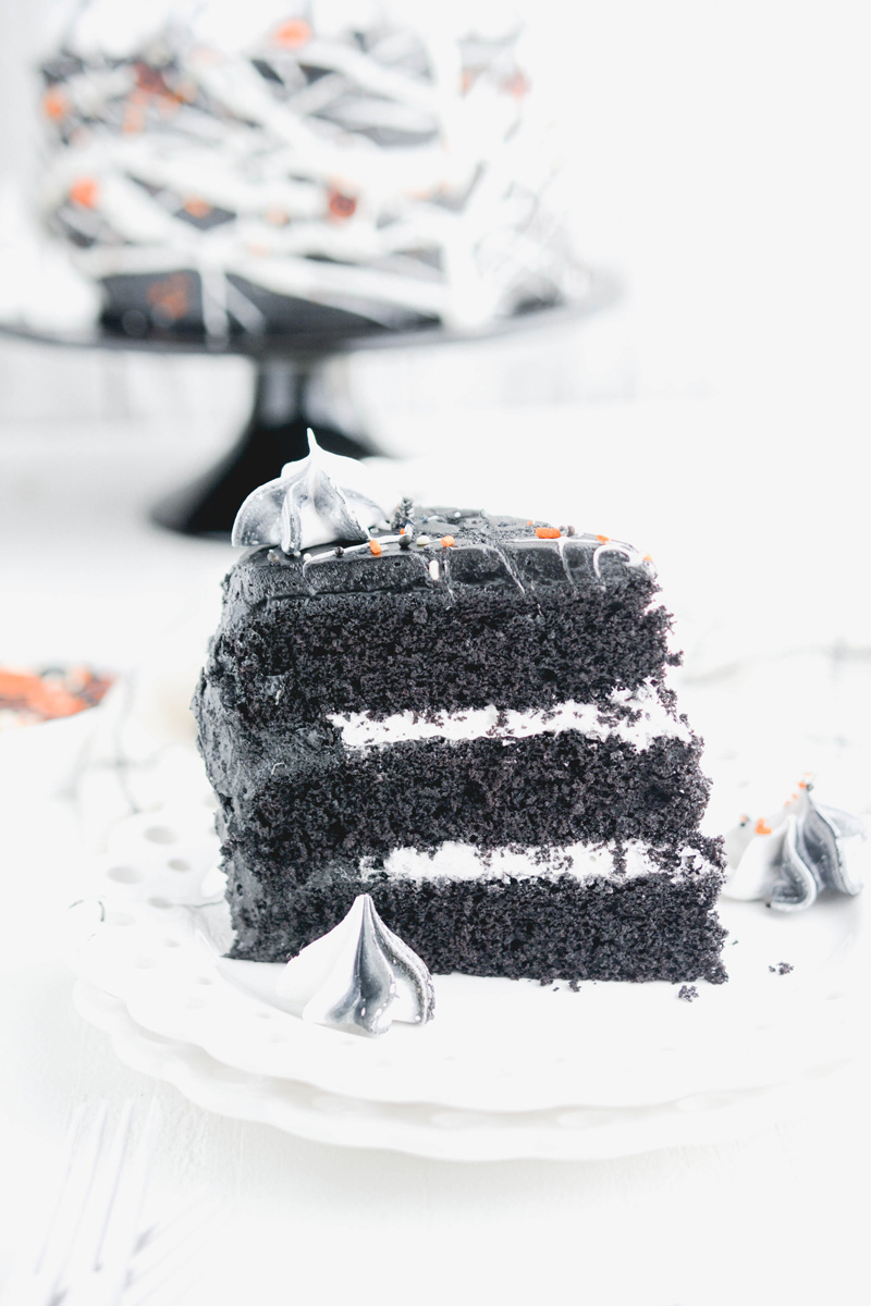 Black Velvet Halloween Cake close up of cake slice.