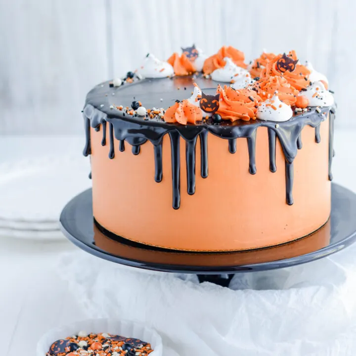 Devil’s Food Halloween Cake on cake pedestal.