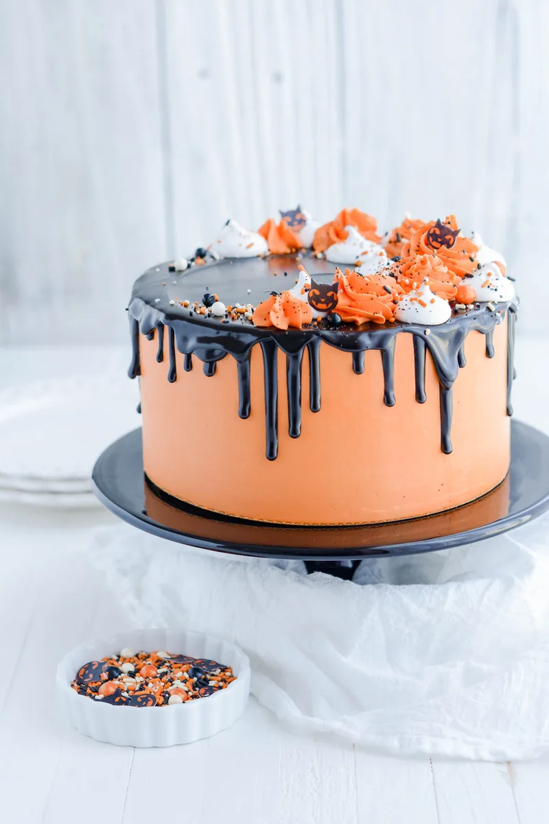 Devil’s Food Halloween Cake on cake pedestal.