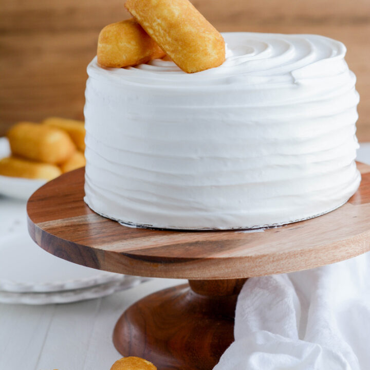 Twinkie Layer Cake on pedestal.