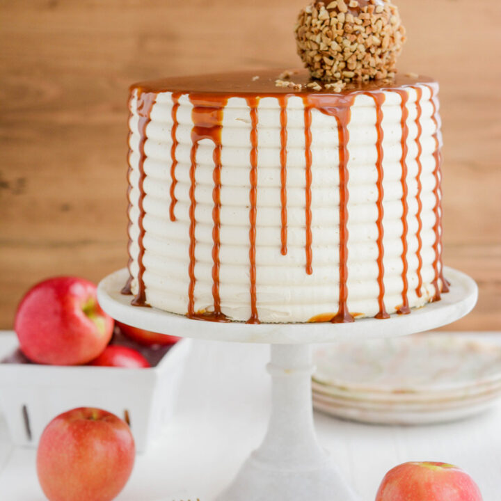 Caramel Apple Layer Cake on marble cake pedestal.