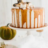 Pumpkin Spice Marshmallow Cake on marble cake pedestal.