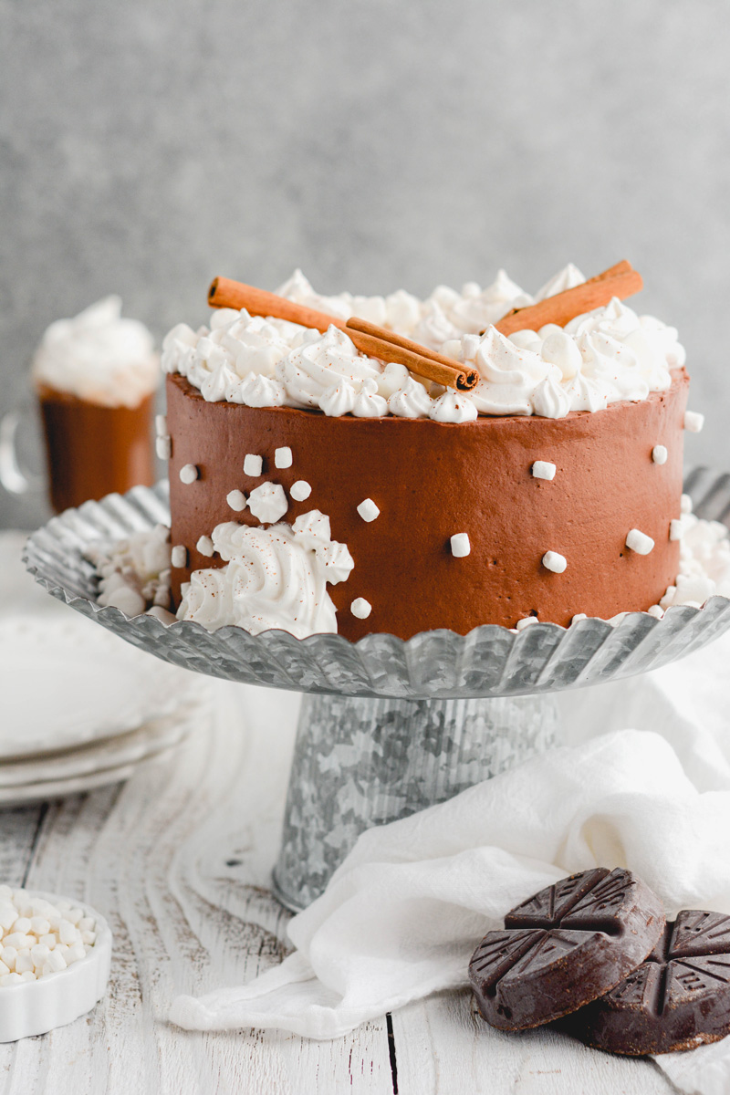 Mexican Hot Chocolate Cake on cake pedestal.