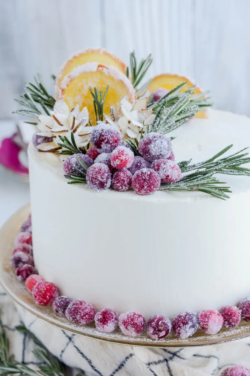 Close up for cake decoration for Orange Cranberry Cake.
