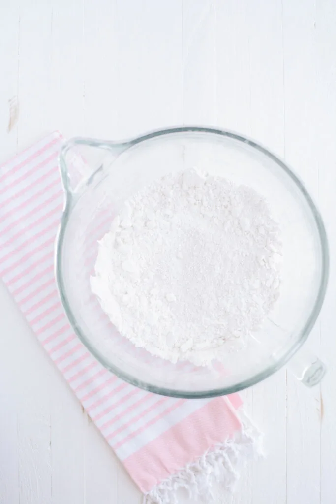 Overhead shot of dry ingredients for Strawberry Cinnamon Cake.