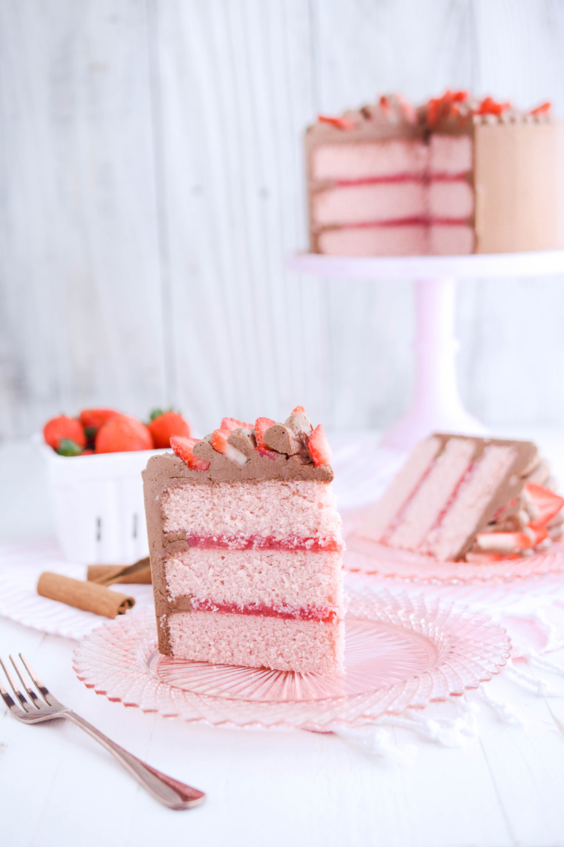 Wide open shot of cake slice for Strawberry Cinnamon Cake.