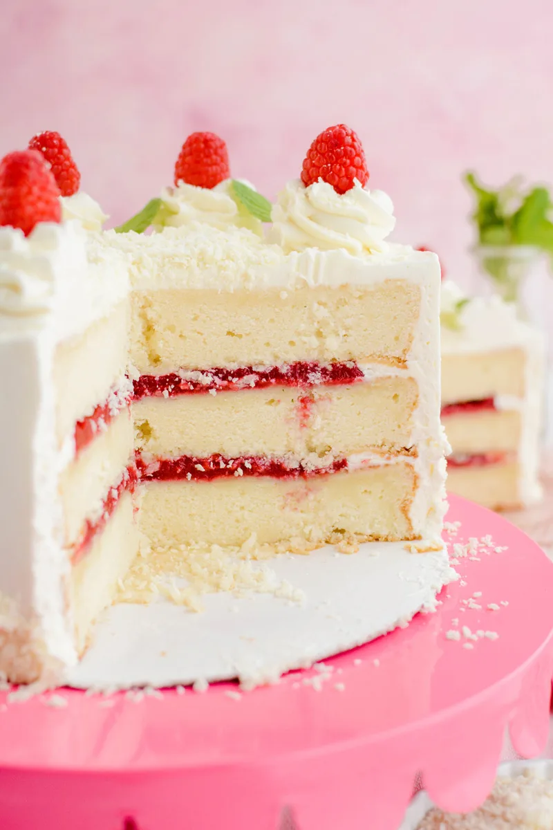 Close up of White Chocolate Raspberry Cake Layers.